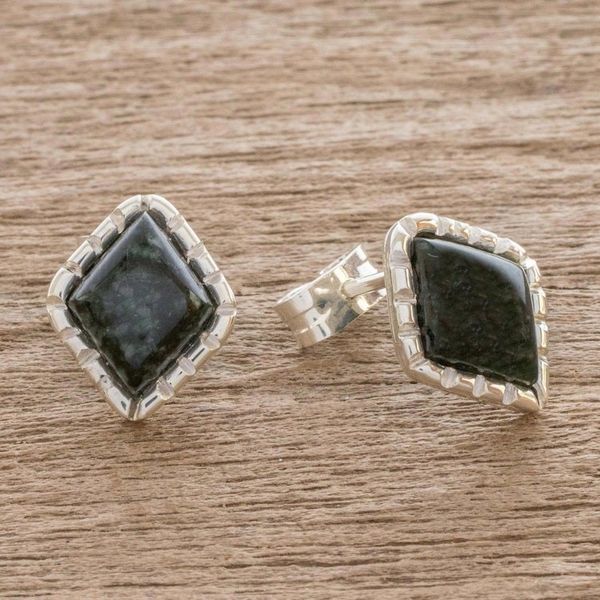 Alternate image for Sterling Silver Stud Earrings with Very Dark Green Jade Diam Dark Green Diamond
