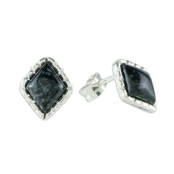 Alternate image for Sterling Silver Stud Earrings with Very Dark Green Jade Diam Dark Green Diamond