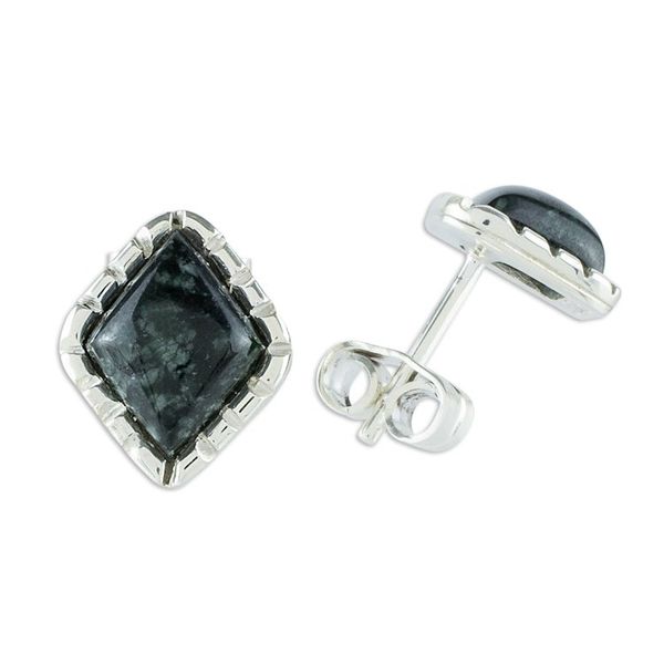 Alternate image for Sterling Silver Stud Earrings with Very Dark Green Jade Diam Dark Green Diamond