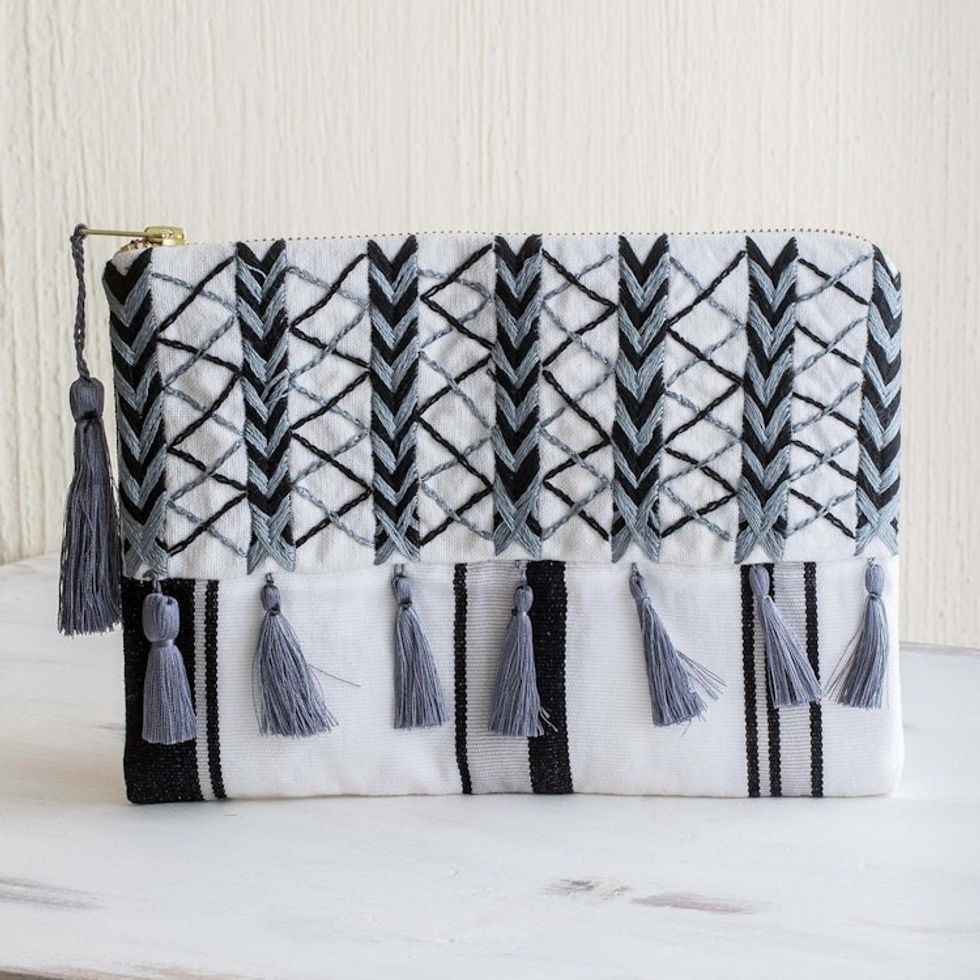 Black Grey Embroidered White Cotton Cosmetic Bag 'Monochrome Zigzags'