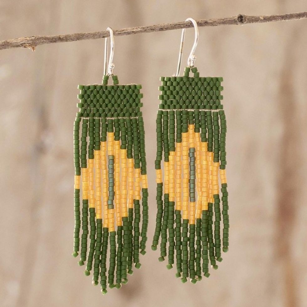Green and Yellow Beaded Waterfall Earrings 'Chameleon Charm'