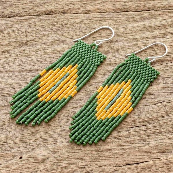 Alternate image for Green and Yellow Beaded Waterfall Earrings Chameleon Charm