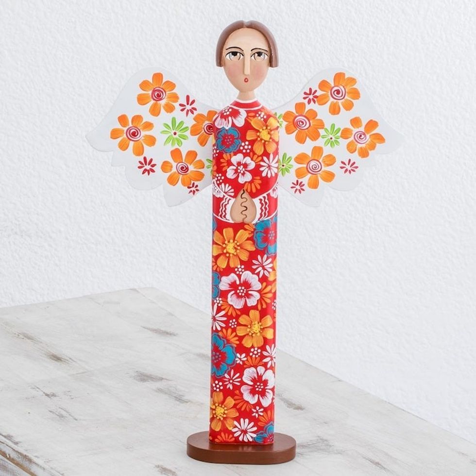 Hand Carved and Painted Colorful Floral Angel Wood Statuette 'Love and Guidance in Red'