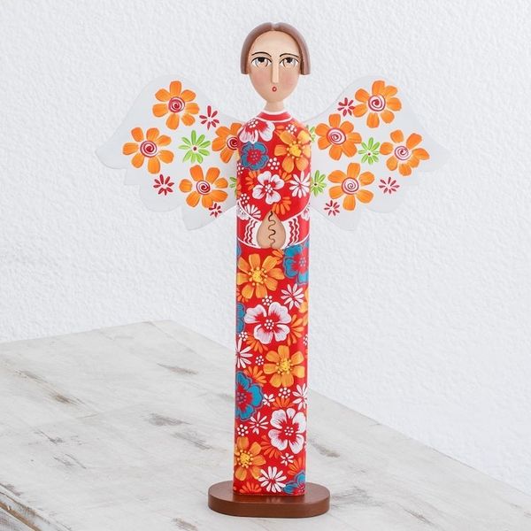 Alternate image for Hand Carved and Painted Colorful Floral Angel Wood Statuette Love and Guidance in Red