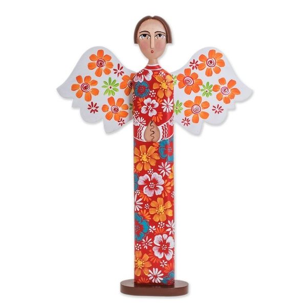 Alternate image for Hand Carved and Painted Colorful Floral Angel Wood Statuette Love and Guidance in Red