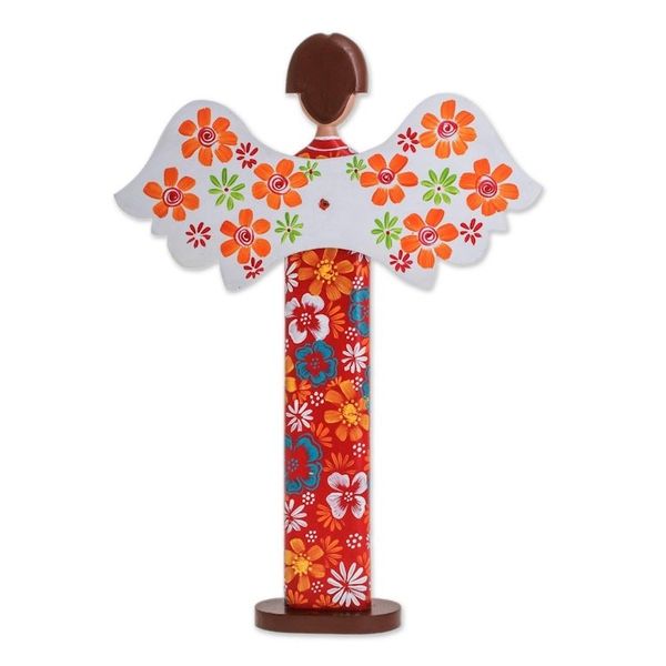Alternate image for Hand Carved and Painted Colorful Floral Angel Wood Statuette Love and Guidance in Red
