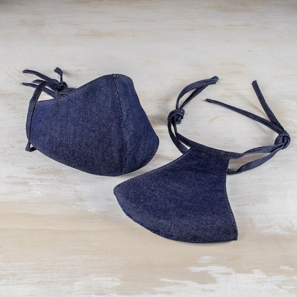 2 Ties-On Dark Blue Cotton Denim 3-Layer Unisex Face Masks 'Blue Denim Classic'