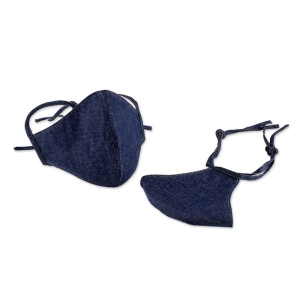 Alternate image for 2 Ties-On Dark Blue Cotton Denim 3-Layer Unisex Face Masks Blue Denim Classic