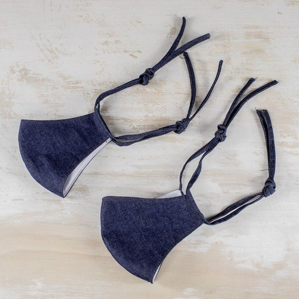 Alternate image for 2 Ties-On Dark Blue Cotton Denim 3-Layer Unisex Face Masks Blue Denim Classic