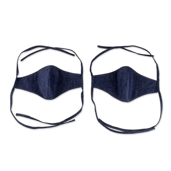 Alternate image for 2 Ties-On Dark Blue Cotton Denim 3-Layer Unisex Face Masks Blue Denim Classic