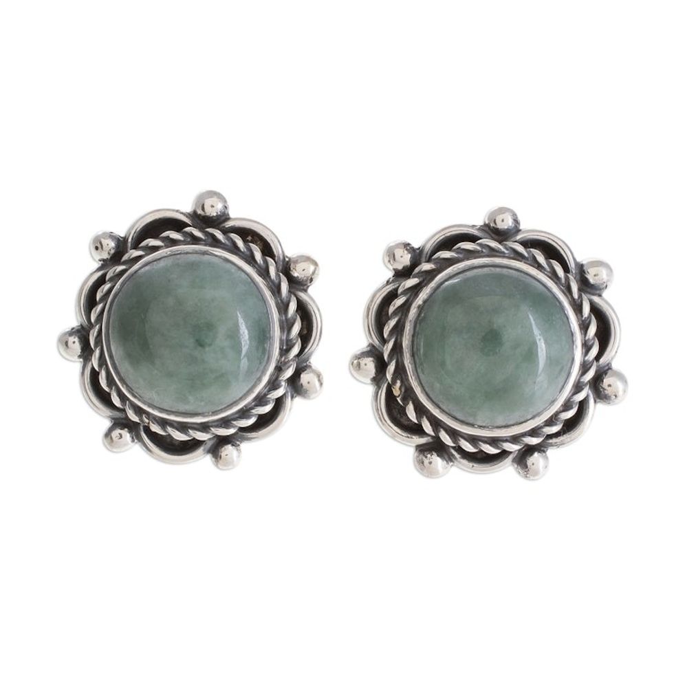 Green Jade Button Earrings Crafted in Guatemala 'Sunrise in Antigua'