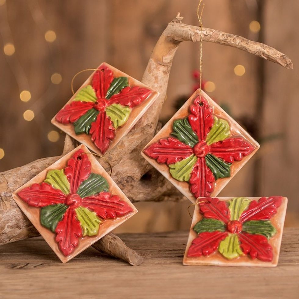 Red and Green Ceramic Azalea Ornaments Set of 4 'Christmas Azaleas'