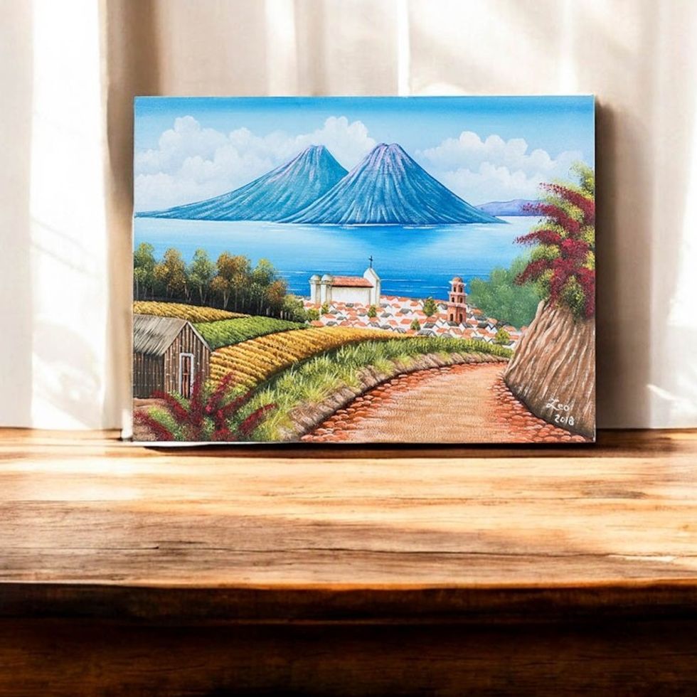 Signed Lake Landscape Painting from Guatemala 'Between Waters'