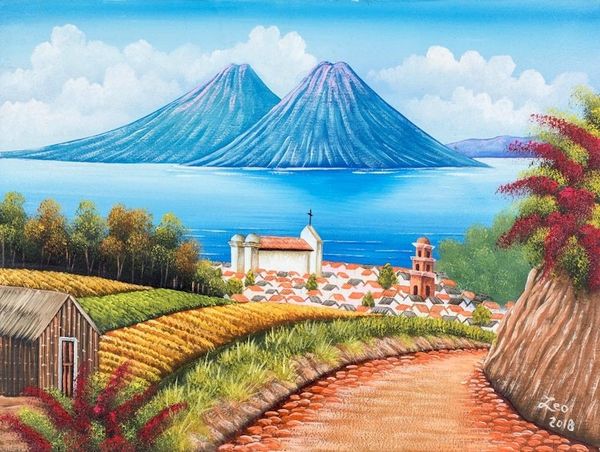Alternate image for Signed Lake Landscape Painting from Guatemala Between Waters
