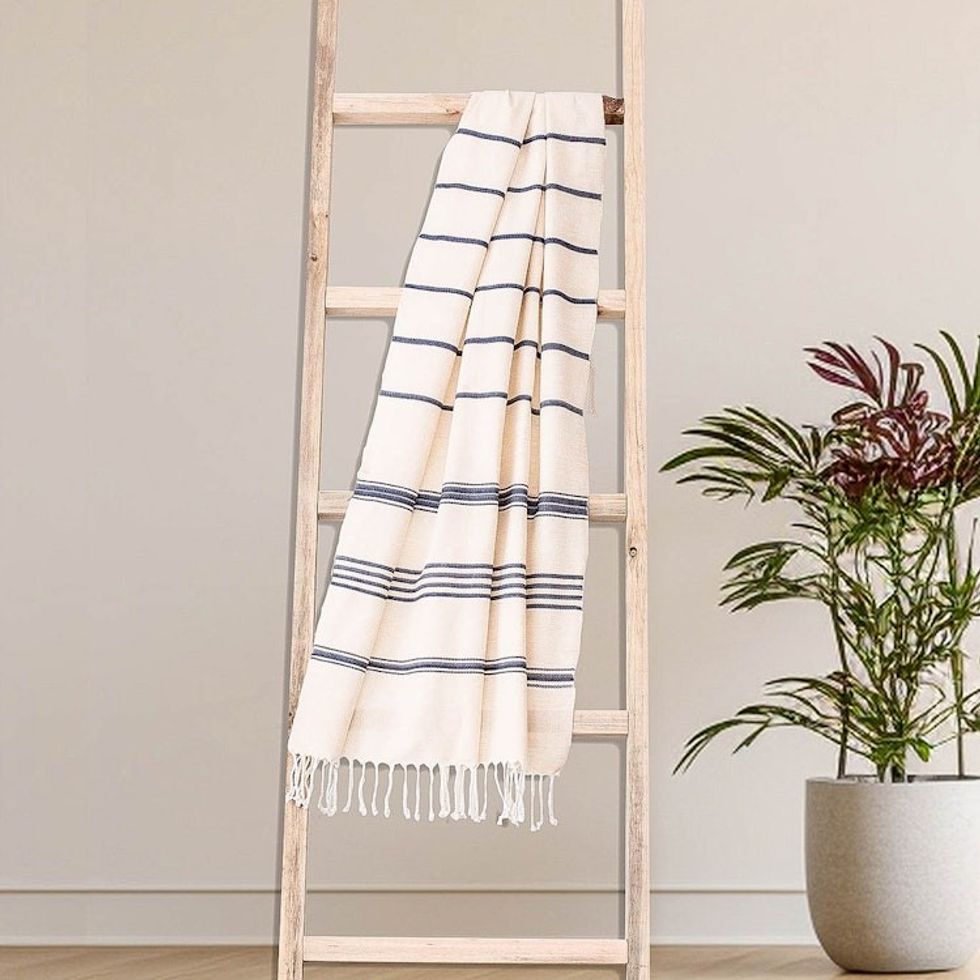 Cotton Beach Towel with Indigo Stripes 'Sweet Relaxation in Warm White'