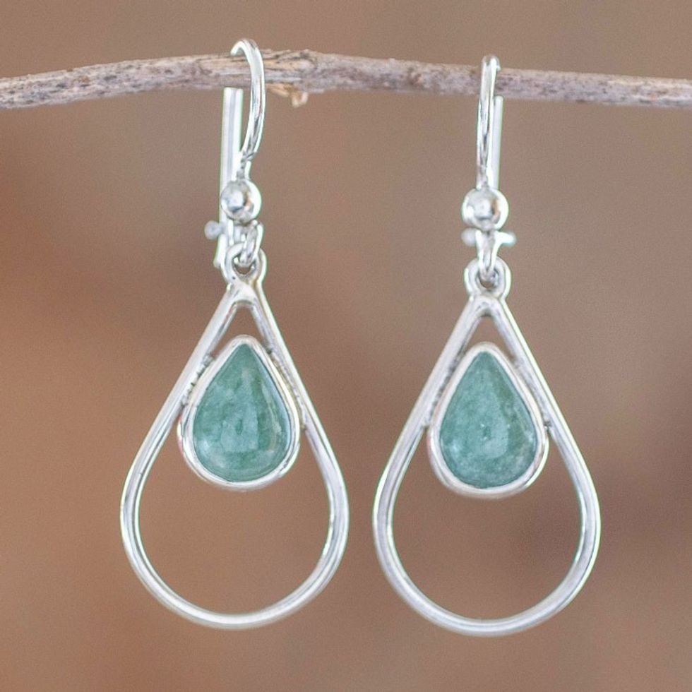 Green Jade and Sterling Silver Teardrop Dangle Earrings 'Simple Drop in Light Green'