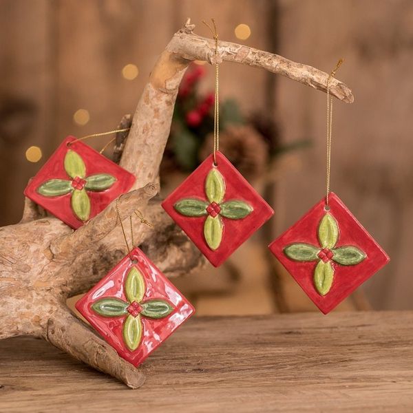 Alternate image for Green and Red Ceramic Mistletoe Ornaments Set of 4 Mistletoe