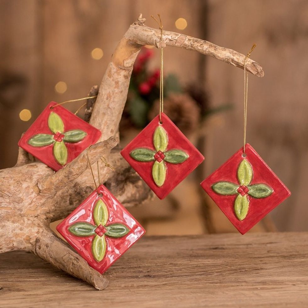 Green and Red Ceramic Mistletoe Ornaments Set of 4 'Mistletoe'