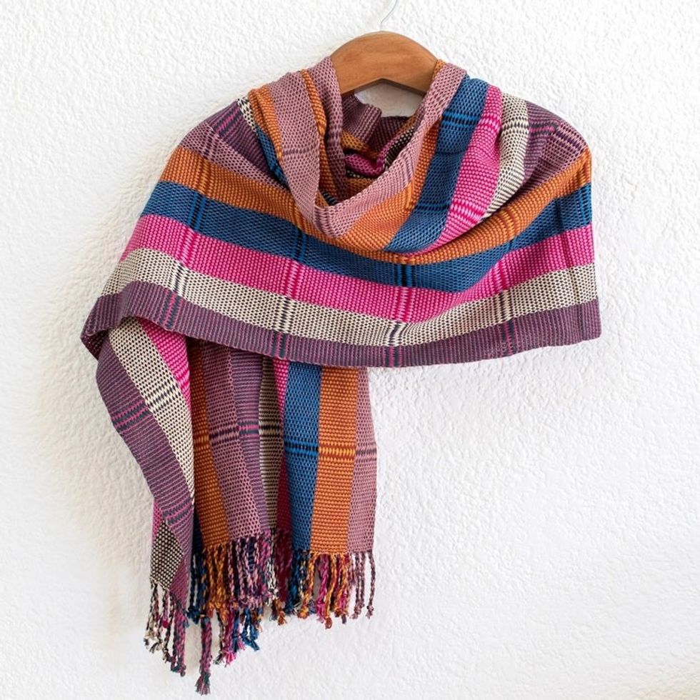 Colorful Handwoven Guatemalan Cotton Shawl 'Enchanting Country Flowers'