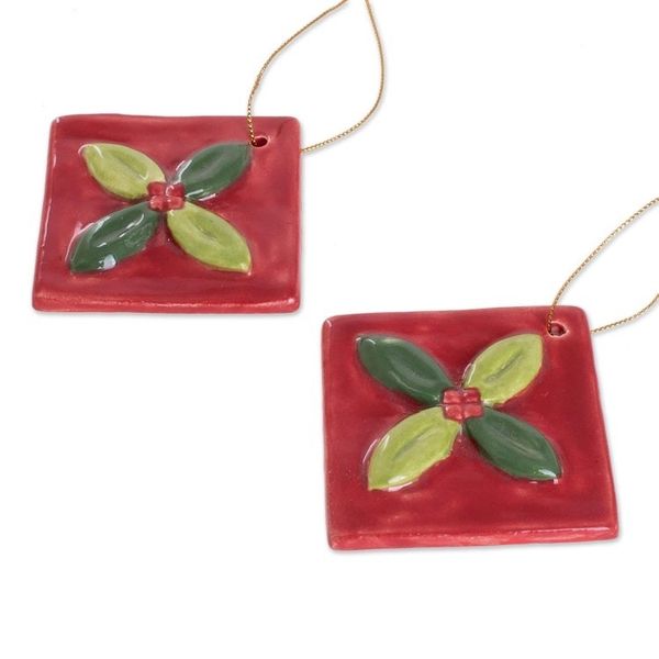 Alternate image for Green and Red Ceramic Mistletoe Ornaments Set of 4 Mistletoe