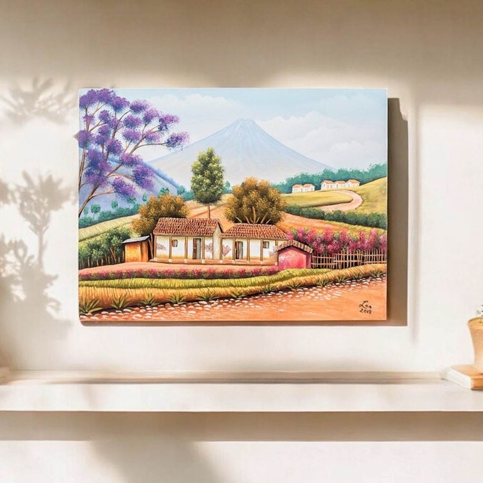 Signed Painting of Village Cottages from Guatemala 'Paths of My Village'
