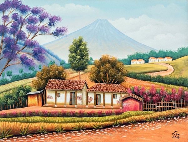 Alternate image for Signed Painting of Village Cottages from Guatemala Paths of My Village