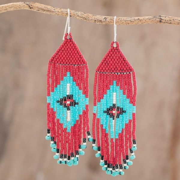 Alternate image for Blue and Red Diamond Pattern Glass Beaded Waterfall Earrings Diamond Eyes