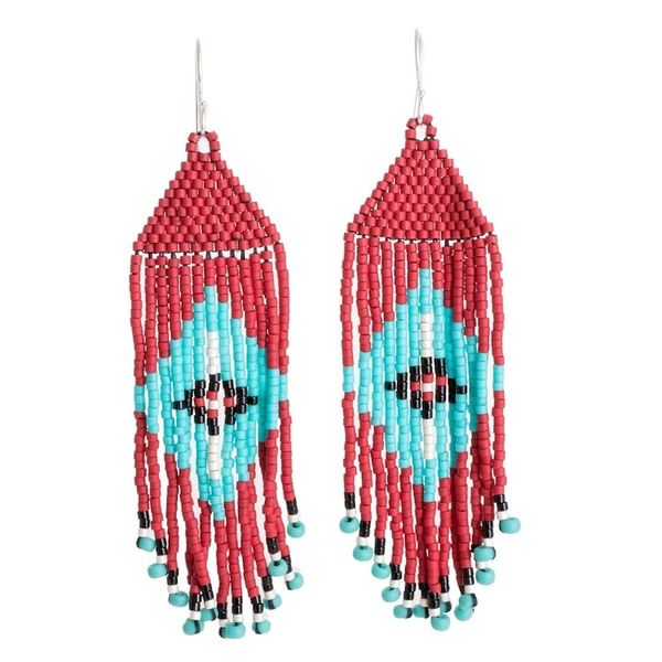 Alternate image for Blue and Red Diamond Pattern Glass Beaded Waterfall Earrings Diamond Eyes