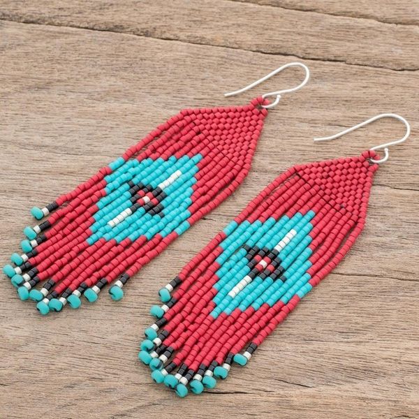 Alternate image for Blue and Red Diamond Pattern Glass Beaded Waterfall Earrings Diamond Eyes