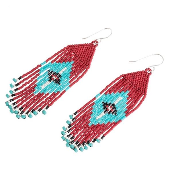 Alternate image for Blue and Red Diamond Pattern Glass Beaded Waterfall Earrings Diamond Eyes