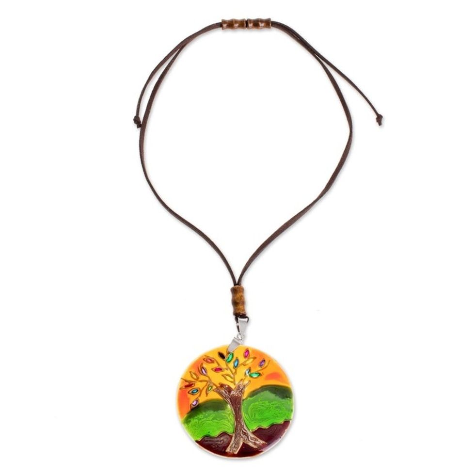 Tree-Themed Glass Pendant Necklace in Orange from Costa Rica 'Tree of Life at Sunset'