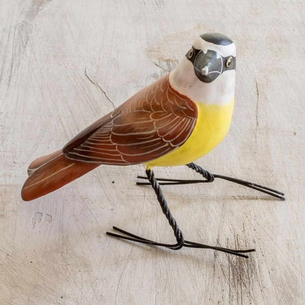 Guatemalan Handcrafted Posable Ceramic Kiskadee Figurine 'Great Kiskadee'