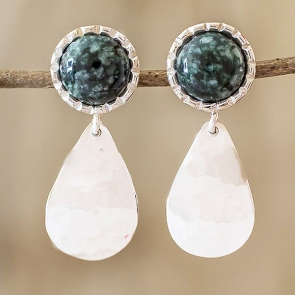 Alternate image for Dark Green Jade Dangle Earrings Maya Texture in Dark Green