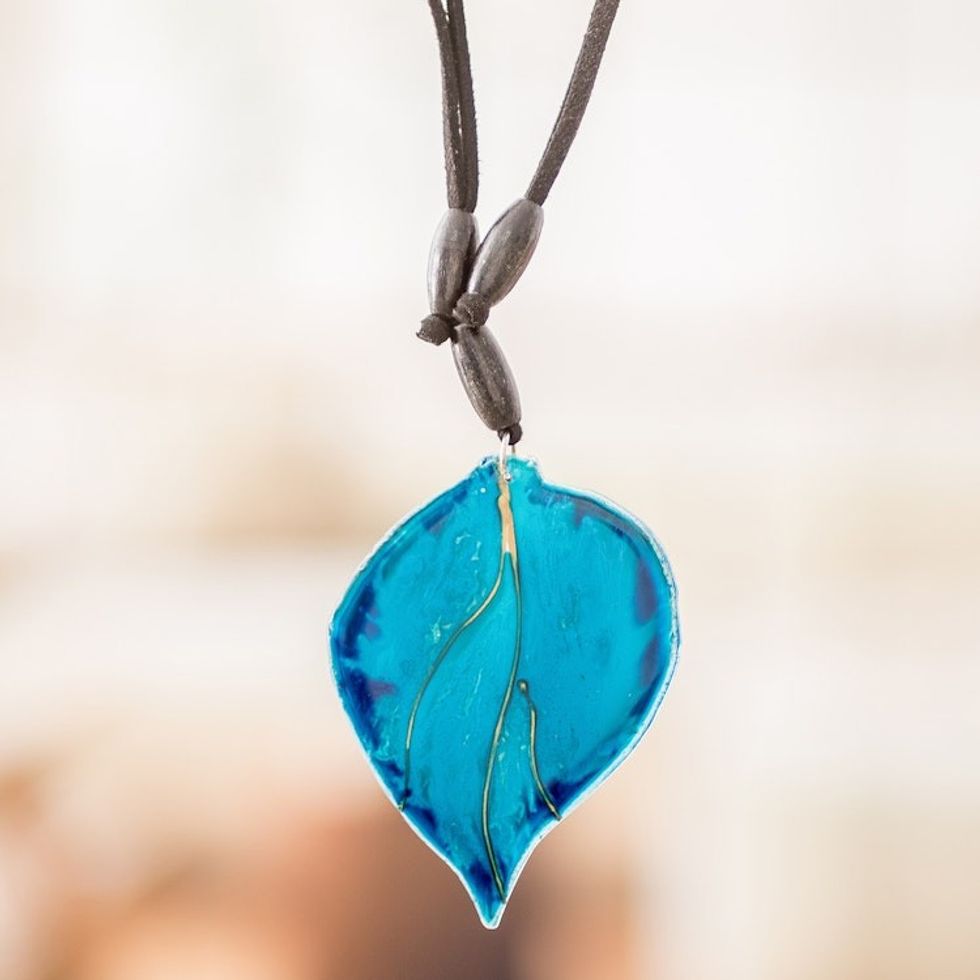 Unique Fused Glass Leaf Necklace 'Blue Leaf'