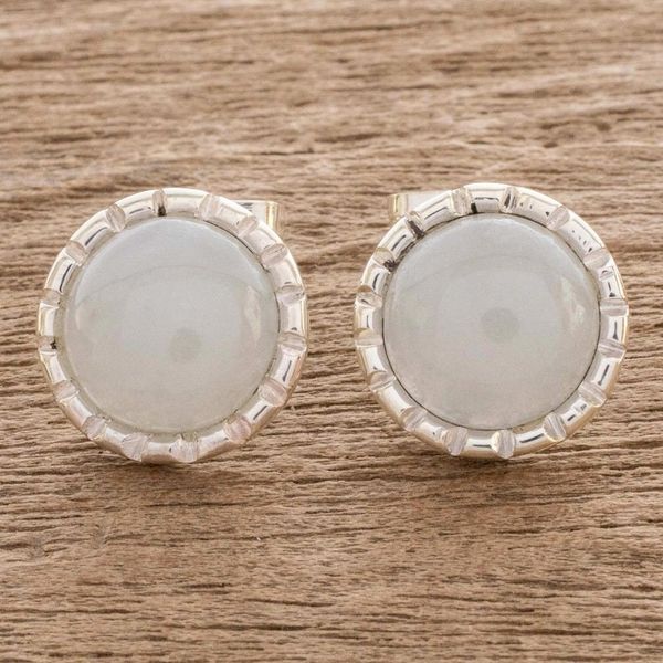Alternate image for 925 Silver Stud Earrings with Pale Ice Green Jade Circles Ice Green Moon