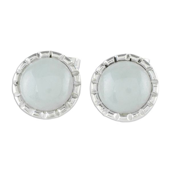 Alternate image for 925 Silver Stud Earrings with Pale Ice Green Jade Circles Ice Green Moon