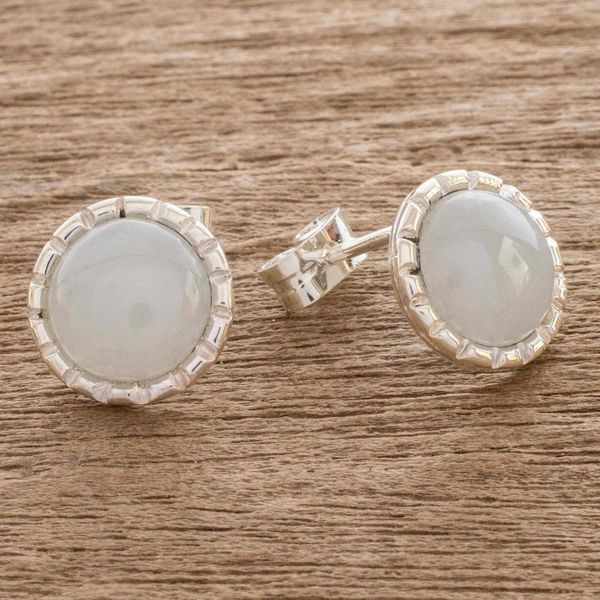 Alternate image for 925 Silver Stud Earrings with Pale Ice Green Jade Circles Ice Green Moon