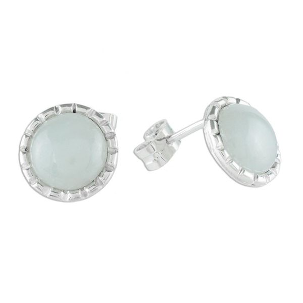 Alternate image for 925 Silver Stud Earrings with Pale Ice Green Jade Circles Ice Green Moon