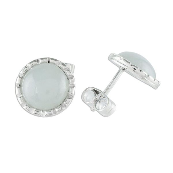 Alternate image for 925 Silver Stud Earrings with Pale Ice Green Jade Circles Ice Green Moon