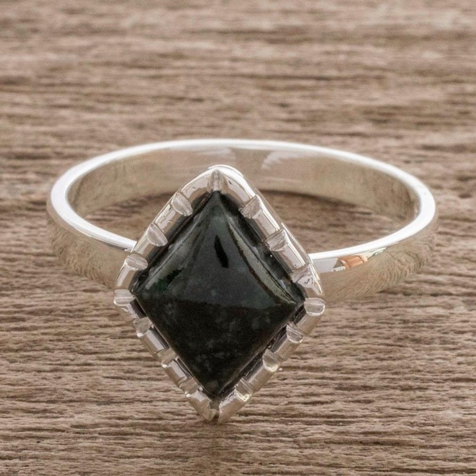 Sterling Silver Ring with a Very Dark Green Jade Diamond 'Dark Green Diamond'