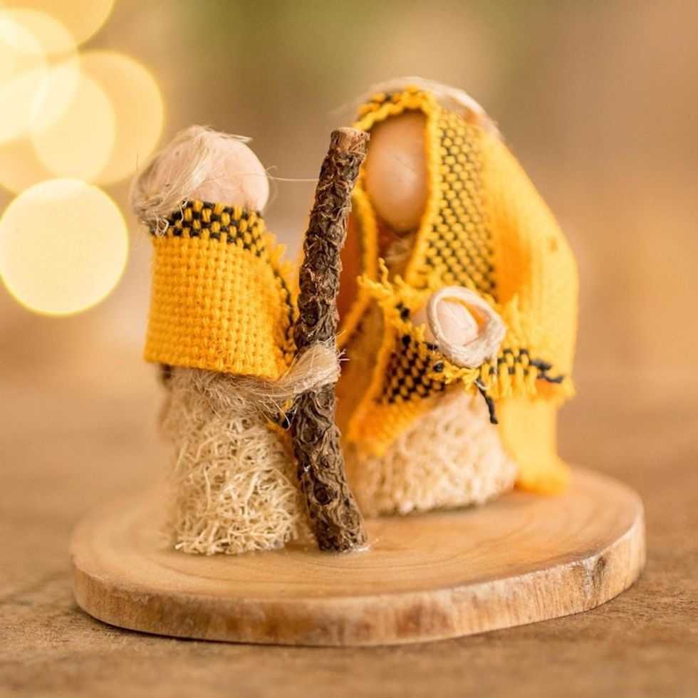 Natural Fiber Nativity Sculpture with Yellow Cotton Accents 'Hopeful Love'
