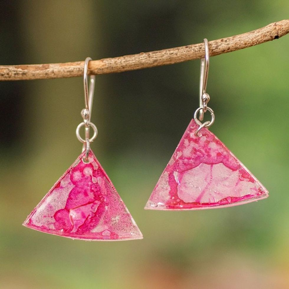 Pink Triangular Recycled CD Dangle Earrings from Guatemal 'Rosy Geometry'