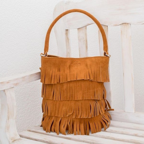 Alternate image for Fringed Suede Handle Handbag in Ginger from El Salvador Bohemian Ginger