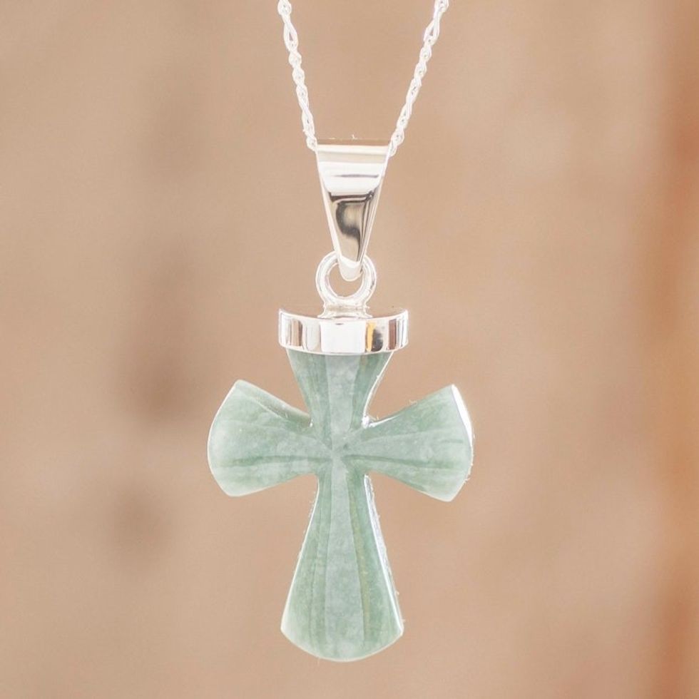 Light Green Jade Cross Pendant Necklace from Guatemala 'Penitent Cross in Apple Green'
