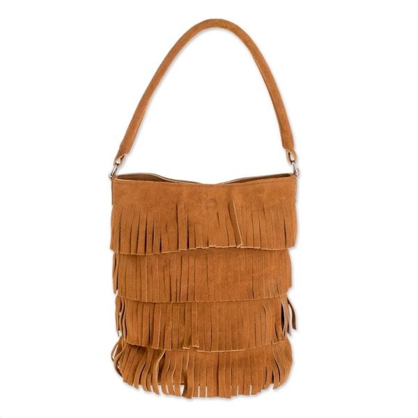 Alternate image for Fringed Suede Handle Handbag in Ginger from El Salvador Bohemian Ginger