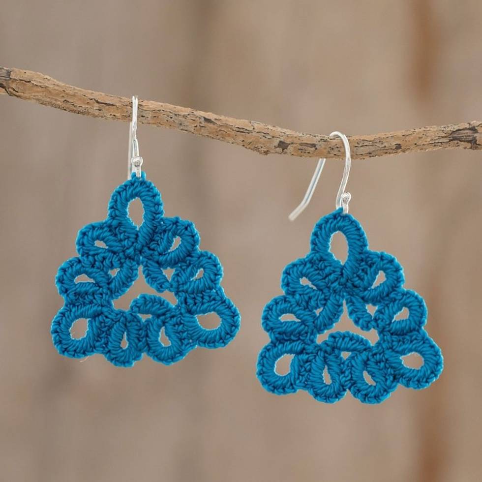 Hand-Tatted Triangular Dangle Earrings in Azure 'Petal Essence in Azure'