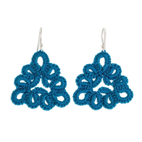 Alternate image for Hand-Tatted Triangular Dangle Earrings in Azure Petal Essence in Azure