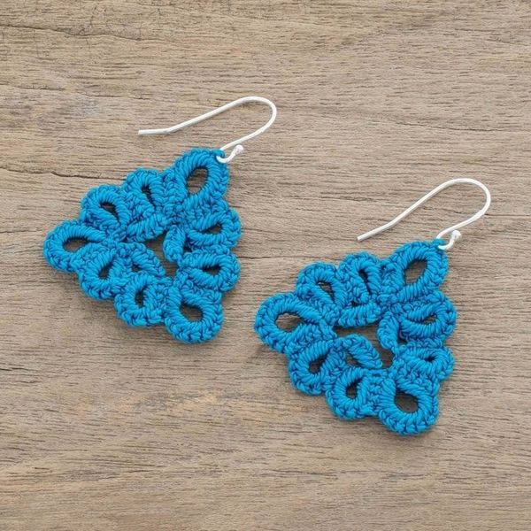 Alternate image for Hand-Tatted Triangular Dangle Earrings in Azure Petal Essence in Azure