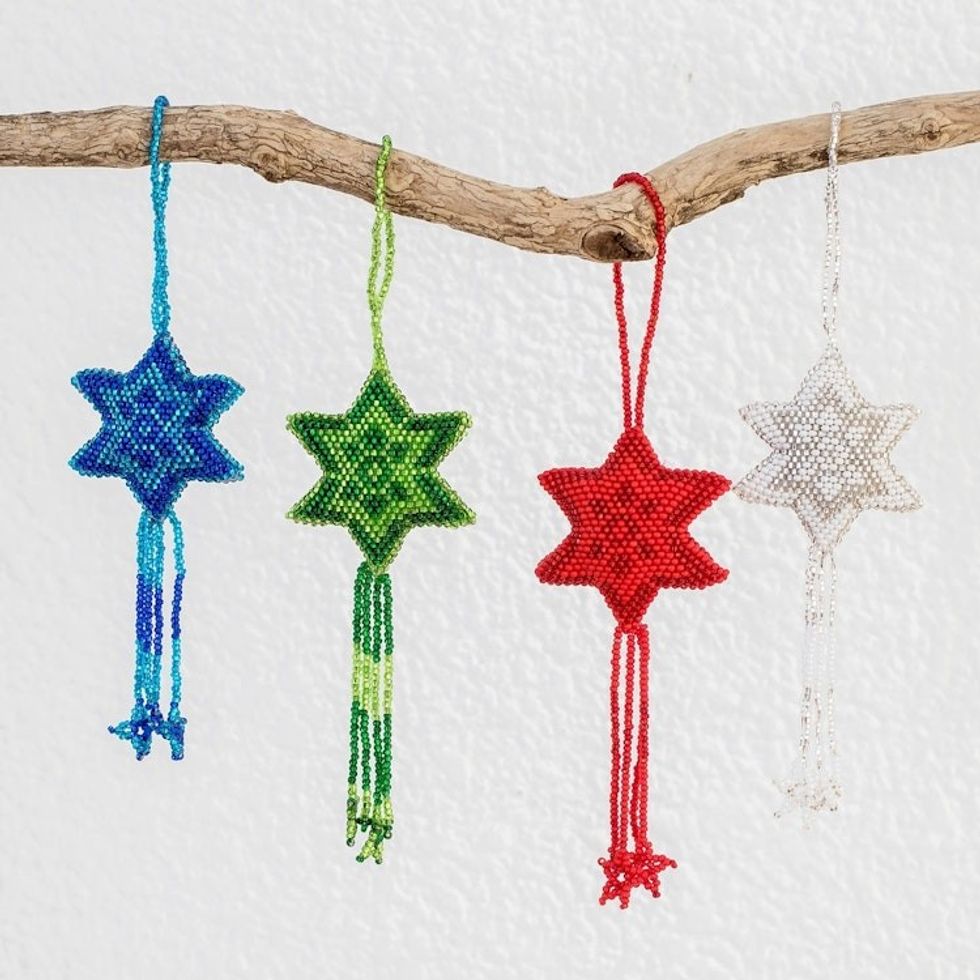 Glass Beaded Star Ornaments in Assorted Colors Set of 4 'Colorful Fleeting Stars'