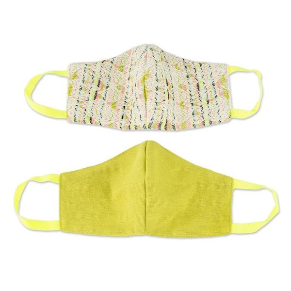 Alternate image for 2 Green-White Brocade Lime Green Cotton Handwoven Masks Happy Mind